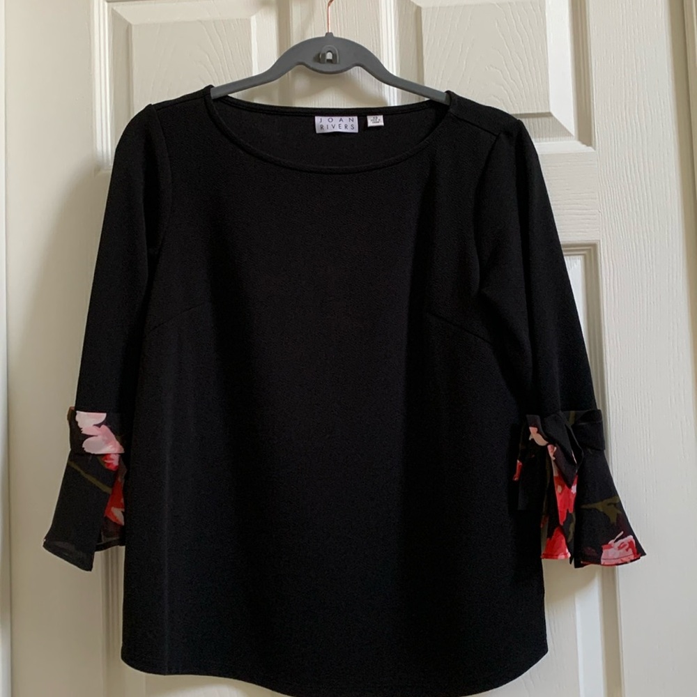 Black round neck dressy top with slight bell 3/4 sleeves